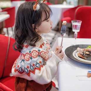 女童拜年服红色毛衣，2023冬季韩版女宝加绒加厚保暖针织打底衫