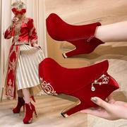 红色鞋子结婚秋冬高跟陪嫁女新娘鞋冬季穿的红鞋子平时可穿婚鞋