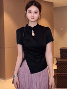 新中式国风盘扣短袖衬衫女设计感不规则下摆开叉气质收腰显瘦上衣