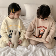 童睡衣2023冬款男童，女童韩版卡通毛巾绣家居服两件套儿童加厚套装