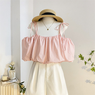 粉色露肩吊带泡泡袖衬衫，女夏季宽松短款设计感小众一字领短袖上衣