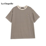 拉夏贝尔/La Chapelle韩版刺绣条纹短袖T恤女春夏宽松打底衫上衣