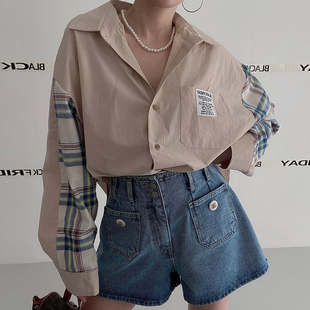 韩国chic春季小众气质，翻领撞色拼接格子，设计宽松百搭长袖衬衫上衣