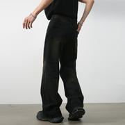 黑色牛仔裤男女款原创设计美式复古水洗长，裤子潮牌宽松高腰直筒裤