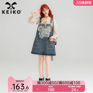 keiko刺绣蝴蝶结饰牛仔背带裙，2024夏季洋气，减龄a字显瘦连衣裙子