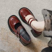 GG。酒红色真皮玛丽珍鞋女法式2024年春季粗跟单鞋高跟厚底小