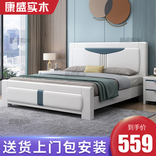全实木床主卧1.8米橡木双人床，现代简约压纹实木床，1.5储物婚床白色