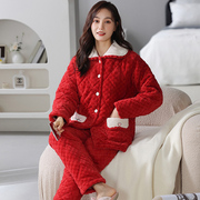 大红色睡衣女士冬季法兰绒三层夹棉袄加厚加绒保暖珊瑚绒冬天套装