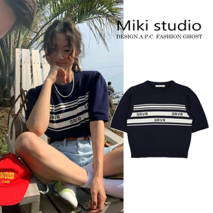 Miki studio定制夏feve_r grve海军风字母针织衫短袖短款T恤女