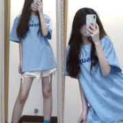 韩国2024春蓝色中长款字母T恤女设计感小众纯棉短袖宽松百搭