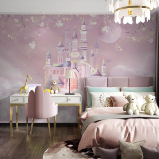 儿童房壁纸女孩粉色城堡壁画卧室壁布墙布背景墙墙纸2022网红