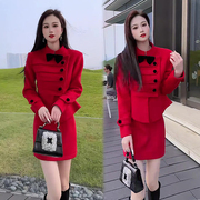 冬季时尚洋气设计感红色套装女立领蝴蝶结拼接短外套高腰短裙