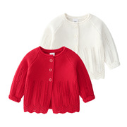 婴儿毛线外套春秋装毛衣1-3岁女宝宝开衫纯棉针织女童红色上衣