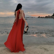 高级感挂脖露背红色雪纺连衣裙海边度假长裙飘逸三亚沙滩裙女超仙