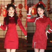 新中式高级红色加绒改良旗袍，秋冬加绒日常连衣裙短款小个子拜年服