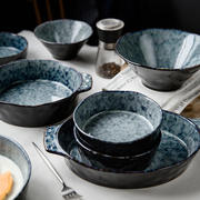 创意陶瓷餐具大理石纹碗盘，美式双耳烤盘沙拉碗鱼盘大号，平盘家用碗
