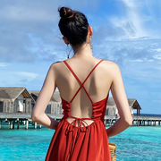 马尔代夫沙滩裙海边度假裙气质露背长裙，红色吊带裙连衣裙长裙女夏