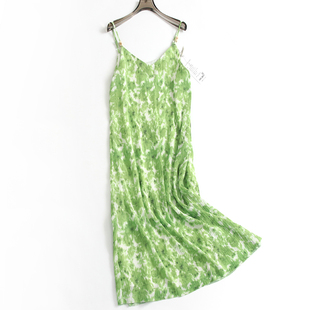 晕染绿色印花裙显瘦串珠圆领吊带裙压褶长裙，气质感女裙连衣裙a180