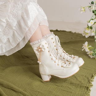 白色中筒靴女高跟原创lolita洛丽塔，鞋lo短靴，女小码学生大码女靴子