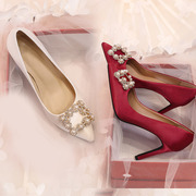 秀禾鞋子结婚新娘鞋婚鞋女红色高跟鞋细跟白色法式珍珠婚纱鞋小码