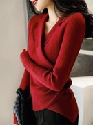 气质西装领纯羊绒衫女修身显瘦红色毛衣交叉设计感针织打底羊毛衫