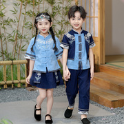 儿童演出服男童短袖套装开衫，刺绣女童短裙，表演中国风少数民族服饰