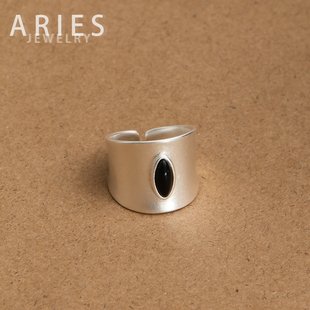 Aries S925纯银哑光冷淡风宽版戒指黑玛瑙白玉髓小众设计开口指环