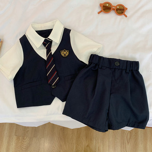 韩国童装夏季儿童学院风假两件套装男女童，时髦短袖衬衫宝宝西装裤