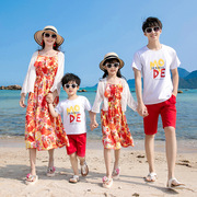 沙滩亲子装夏装一家三口2024红色吊带母女连衣裙，海边度假套装