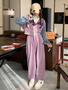 粉紫色休闲卫衣运动套装女春秋2023小个子显高韩系宽松两件套
