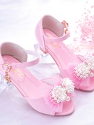 女童凉鞋2023公主时尚，韩版夏季软底，女大童小孩子的高跟鞋白色