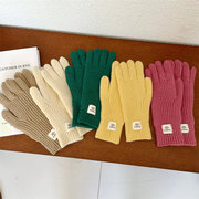 可触屏韩国纯色字母贴标长款针织手套女秋冬季学生保暖百搭露指手