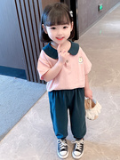 女童娃娃领夏季套装2023洋气时髦女宝宝夏装棉麻短袖两件套潮