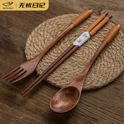 筷子勺子套装便携式学生木质餐具，三件套单人实木叉子长柄汤勺家用