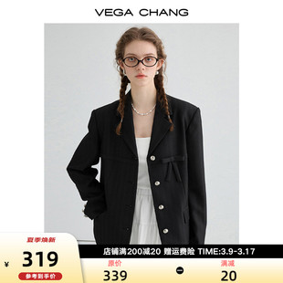vegachang黑色小西装，女2024年春季高级感暗纹，蝴蝶结西服外套