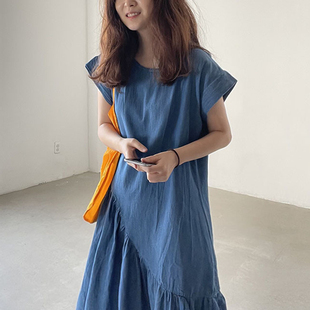韩国chic法式复古圆领宽松休闲设计中长款下摆，不规则荷叶边连衣裙