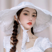 蕾丝帽子女薄款镂空钩花韩国仙气渔夫帽，大檐秋法式复古白色花朵帽