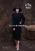 SUUNAI.WRH女连衣裙改良蒙古袍褶皱雪纺夏季薄款单件中腰通勤纯色