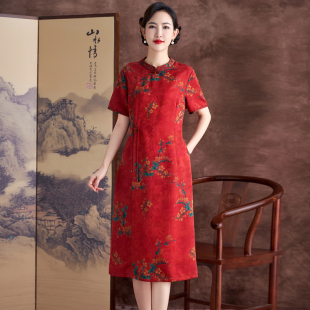 高端真丝2023花萝香云纱短袖改良旗袍，新中式喜婆婆高贵连衣裙