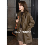 1313美拉德oversize机能咖皮衣，2024冬女时髦大廓型pu中长风衣外套