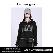 Lapargay纳帕佳秋冬女装黑色上衣个性时尚连帽印花套头卫衣潮