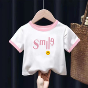 纯棉女童拼接短袖t恤2024夏装儿童宝宝洋气，卡通印花半袖上衣