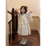 韩国夏装女童米白色小碎花，纯棉连衣裙儿童公主，裙森系短袖长裙子