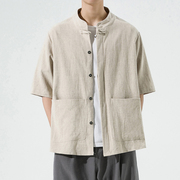 复古风棉麻男装中年短袖衬衫男士亚麻衬衣中式唐装立领中国风上衣
