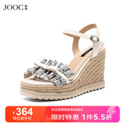 JOOC玖诗一字带凉鞋女夏法式水钻褶皱荷叶边设计高跟鞋6721