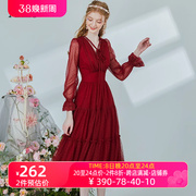 艾丽丝红色连衣裙2023冬季蕾丝长袖修身中长款公主裙新年战袍