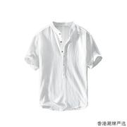 亚麻短袖t恤男士，夏季套头圆领中国风立领棉，麻布体恤衫白色薄衬衣