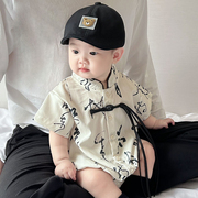 夏款婴儿衣服中国风男女宝宝连体衣夏装洋气汉服唐装短袖中式爬服
