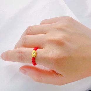 红绳转运珠戒指女编织弹力绳镀金仿真黄金久不掉色沙金指环首饰