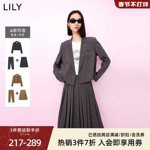 LILY2023秋女装美式复古短款小西装外套西装裤百褶裙宽松套装